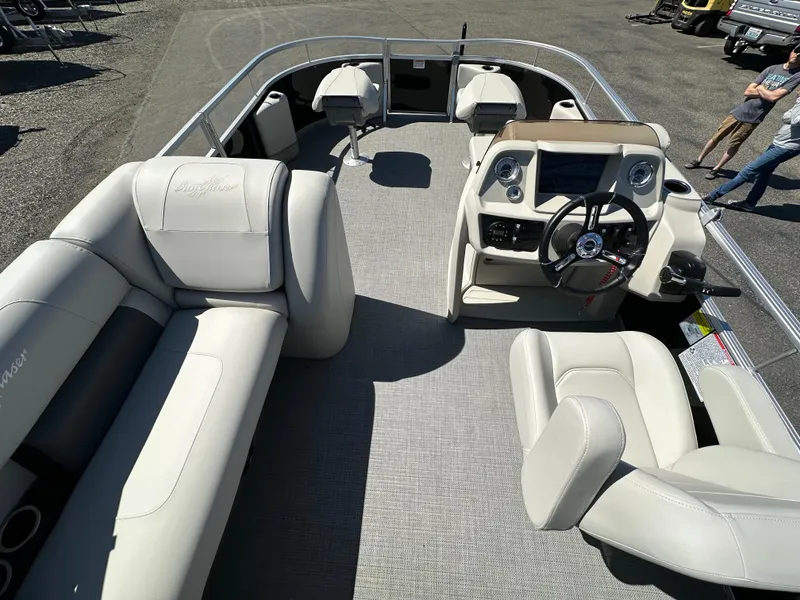 Slide: The Image of 2024 SunChaser Vista 18 Fish pontoon boat with spacious seating and modern helm. - 8