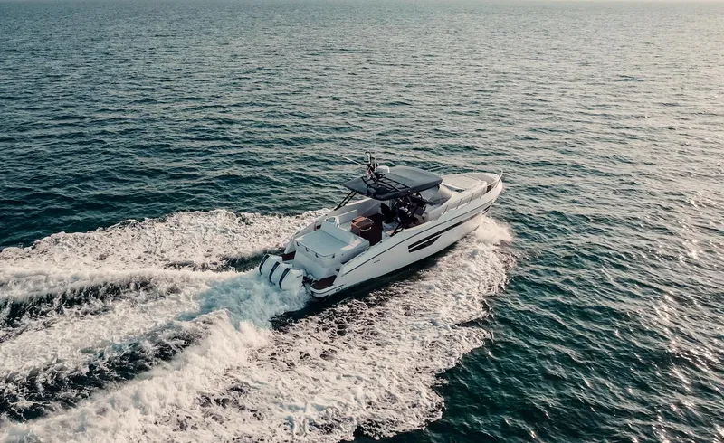 Slide: The Image of 2024 Oryx 379 yacht cruising on open water. - 19