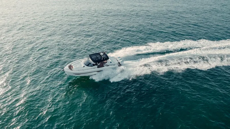 Slide: The Image of 2024 Oryx 379 boat cruising on open water. - 21