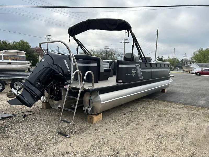 Slide: The Image of 2023 Viaggio Lago L25C pontoon boat with Mercury outboard motor. - 8