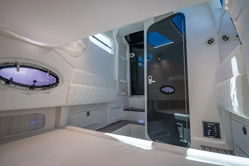 Slide: The Image of 2024 Nor-Tech 400 Supersport cabin interior with modern design and luxurious amenities. - 56