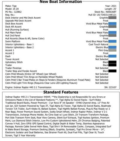 Slide: The Image of 2021 Tigé ZX Class 25 ZX boat specifications and standard features list. - 23