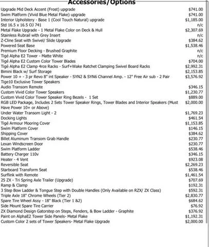 Slide: The Image of 2021 Tigé ZX Class 25 ZX accessories and options list with prices. - 24