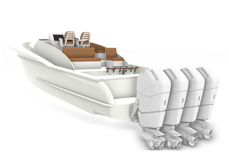 Slide: The Image of 2025 Mystique Boatworks M48 Custom Carolina with four powerful outboard engines. - 21