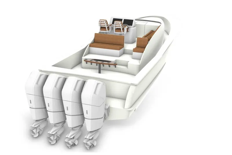 Slide: The Image of 2025 Mystique Boatworks M48 Custom Carolina with quad outboard engines, sleek design. - 22