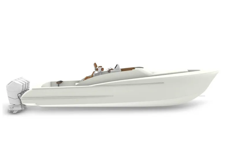 Slide: The Image of 2025 Mystique Boatworks M48 Custom Carolina, sleek white design, side view. - 23