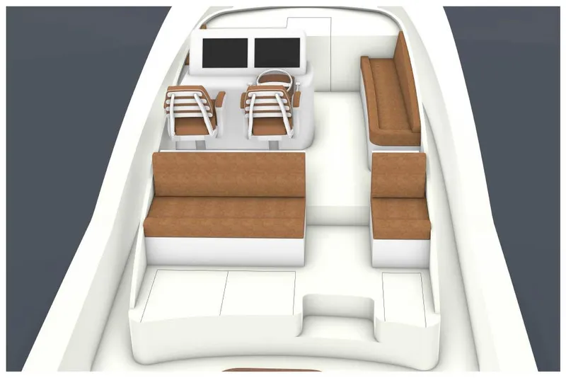 Slide: The Image of Interior view of 2025 Mystique Boatworks M48 Custom Carolina with seating and helm station. - 25