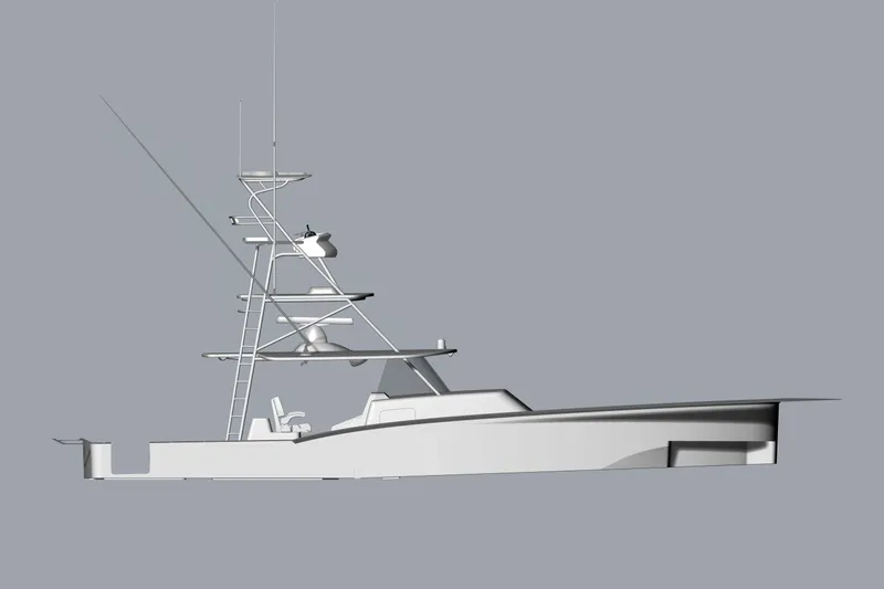 Slide: The Image of 2025 Mystique Boatworks M48 Custom Carolina, sleek design, side view, gray background. - 27