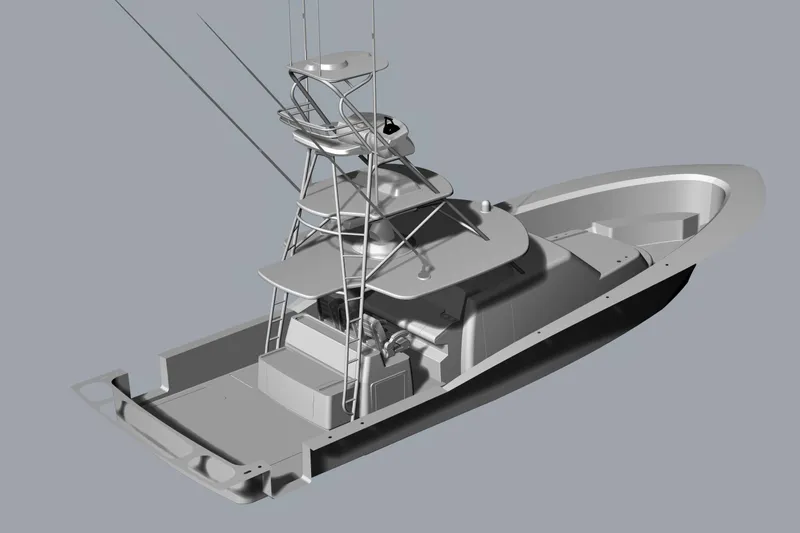 Slide: The Image of 2025 Mystique Boatworks M48 Custom Carolina fishing boat, sleek design, side view. - 29