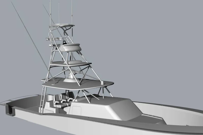 Slide: The Image of 2025 Mystique Boatworks M48 Custom Carolina, sleek design with tower, side view. - 30