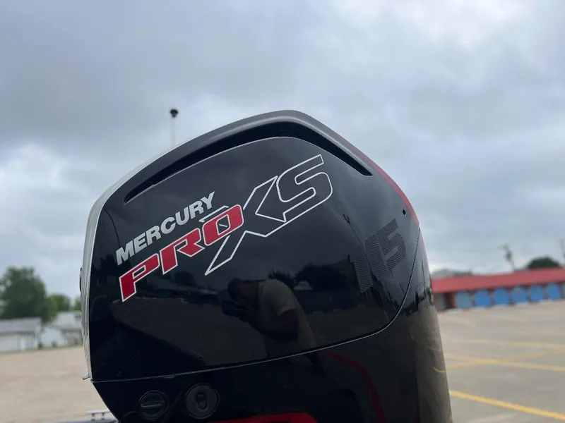 Slide: The Image of Close-up of Mercury Pro XS outboard motor on 2018 Tracker Pro Team 190 boat. - 15