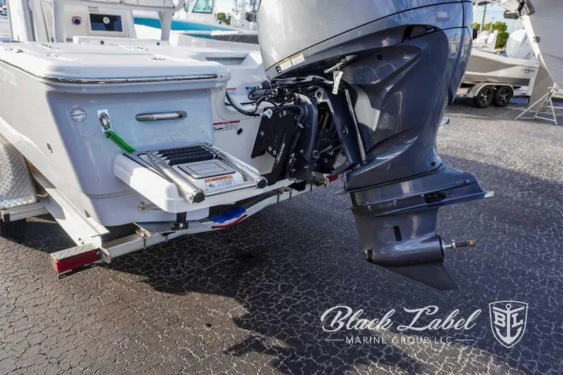 Slide: The Image of 2024 Sea Fox Seafox 251 Bay boat rear view with outboard motor and swim ladder. - 15