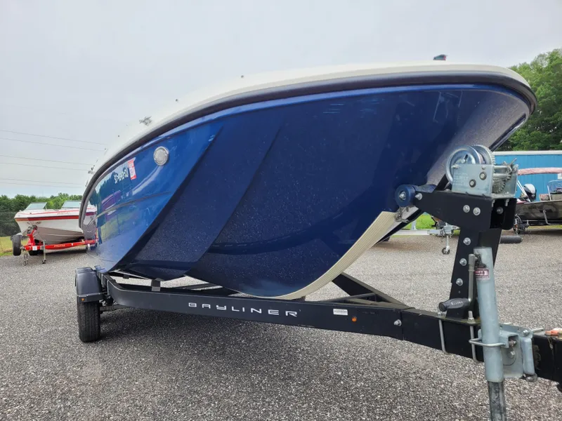 Slide: The Image of 2017 Bayliner Element E21 boat on a trailer, front view. - 3