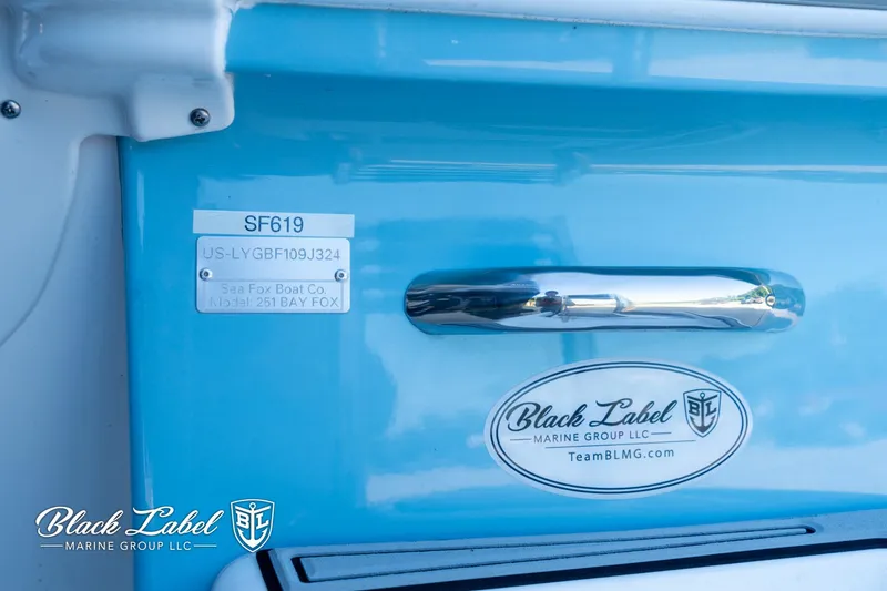 Slide: The Image of 2024 Sea Fox 251 Bay boat detail with Black Label Marine Group logo. - 4