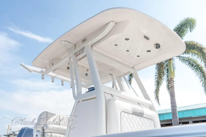 Slide: The Image of 2024 Sea Fox Seafox 251 Bay boat with T-top, palm tree in background. - 3