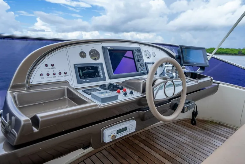 Slide: The Image of 2012 Riva 56 Sportriva yacht helm with modern navigation equipment and wooden deck. - 43
