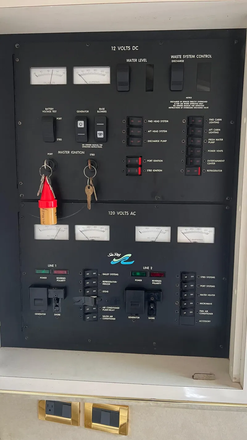 Slide: The Image of Electrical control panel of a 1997 Sea Ray 400 boat, showing 12V DC and 120V AC systems. - 32