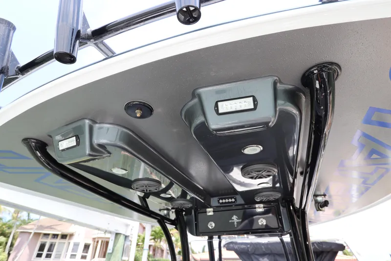 Slide: The Image of Close-up of the 2019 Statement 350 Open boat's overhead console and lighting. - 45