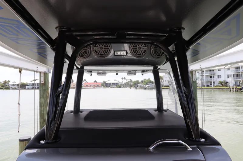 Slide: The Image of View from the 2019 Statement 350 Open boat, showcasing the rear deck and waterfront. - 46