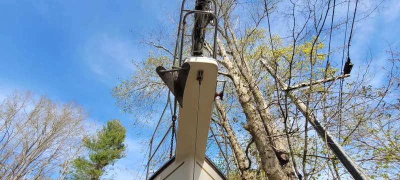 Slide: The Image of 1986 Island Packet 27 Sloop sailboat mast against a clear blue sky and trees. - 48