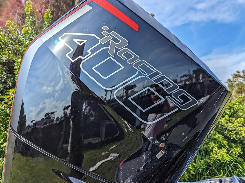 Slide: The Image of Close-up of a 2025 Bass Cat Jaguar Racing 400 outboard motor. - 15