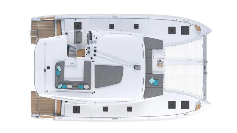 Slide: The Image of Top view of 2025 Lagoon 43 catamaran, showcasing spacious deck layout and seating areas. - 30