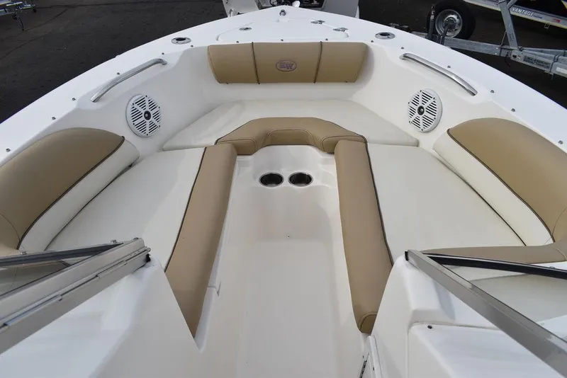 Slide: The Image of 2018 Key West 203DFS boat interior with beige and white seating. - 44