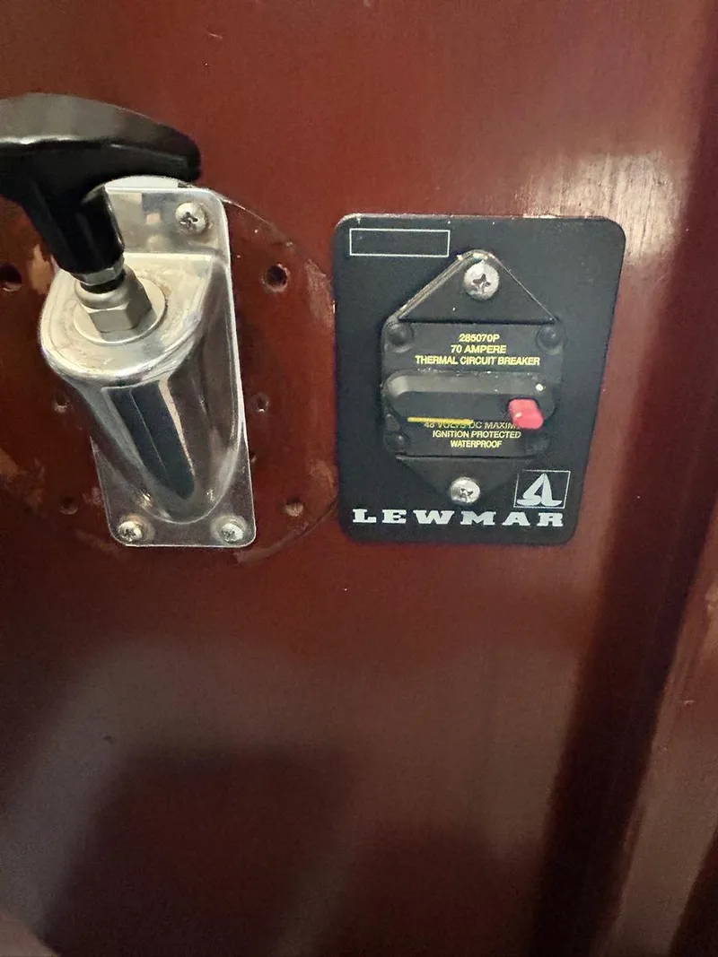 Slide: The Image of Lewmar control panel and handle on 1930 Classic ACF 47' Motor Yacht. - 41