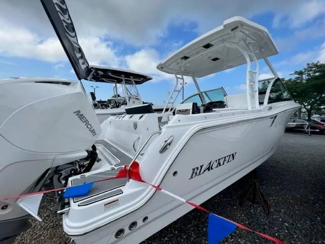 Slide: The Image of 2024 Blackfin 252 DC boat with Mercury engine on display. - 2