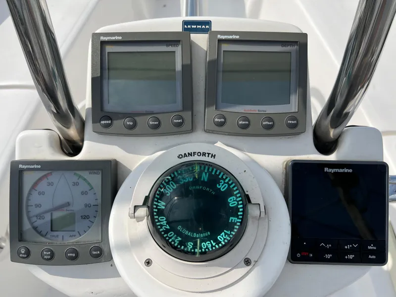 Slide: The Image of Hunter 36 sailboat cockpit with Raymarine instruments and Danforth compass, 2005 model. - 10