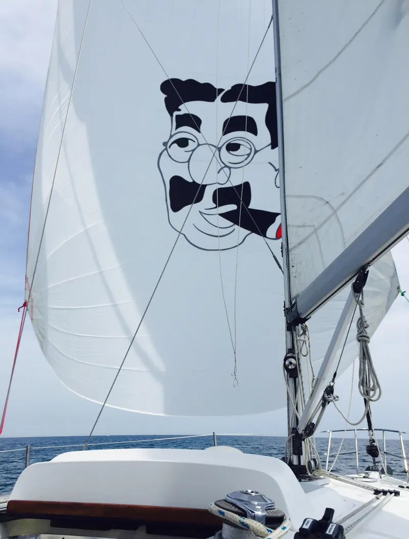 Slide: The Image of Sailboat with a cartoon face on the sail, Hunter 36 model, 2005. - 2