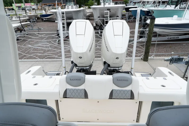 Slide: The Image of 2025 Blackwood 290 OPEN boat with dual outboard engines at a marina. - 13