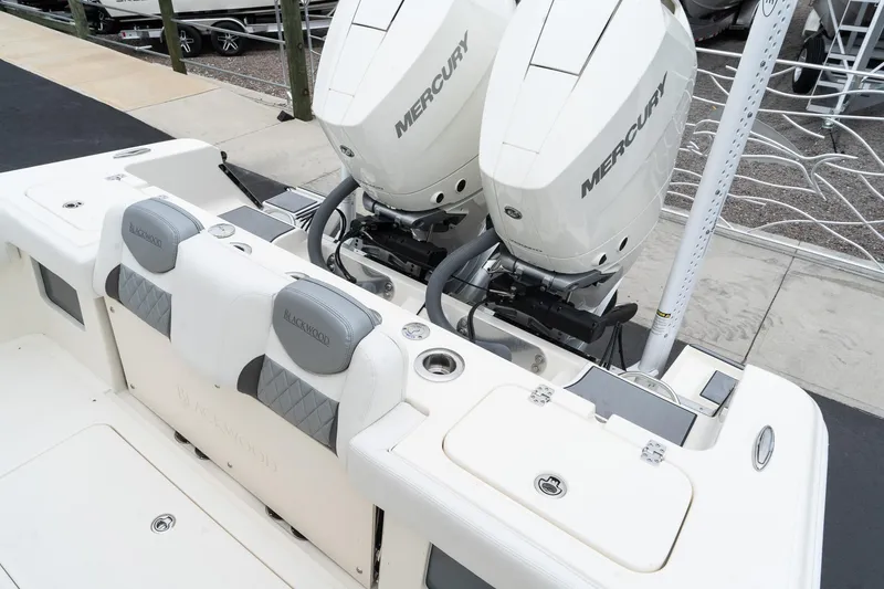 Slide: The Image of 2025 Blackwood 290 OPEN boat with dual Mercury engines, rear seating, and storage compartments. - 15