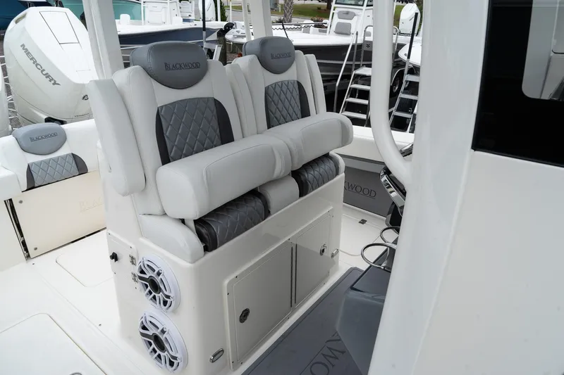 Slide: The Image of 2025 Blackwood 290 OPEN boat interior with cushioned seating and speakers. - 17