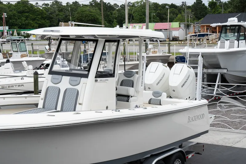 Slide: The Image of 2025 Blackwood 290 OPEN boat with twin engines docked at a marina. - 3