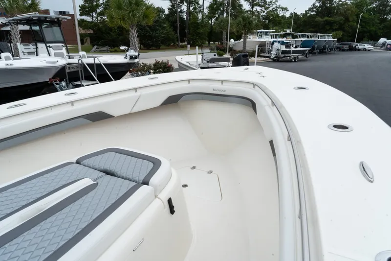 Slide: The Image of 2025 Blackwood 290 OPEN boat, featuring spacious seating and sleek design in a marina setting. - 46