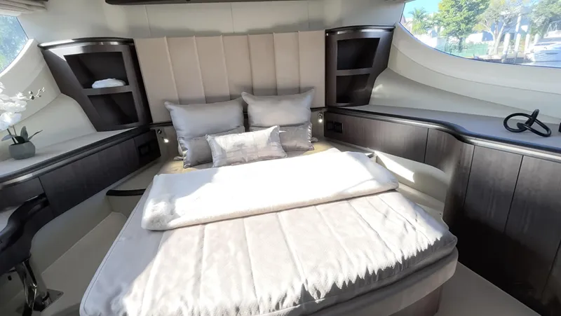 Slide: The Image of Luxurious bedroom interior of 2024 Galeon 560 Fly yacht with modern design. - 18