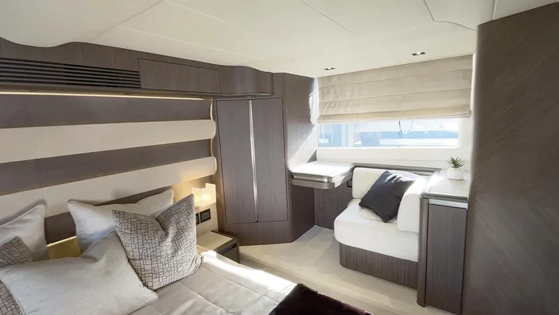 Slide: The Image of Luxurious interior of the 2024 Galeon 560 Fly yacht with modern furnishings. - 19