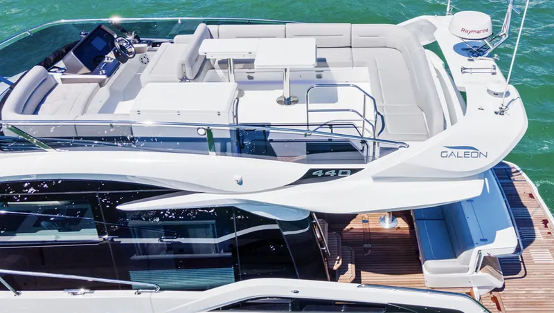 Slide: The Image of 2025 Galeon 440 Fly yacht with spacious upper deck and modern amenities. - 6
