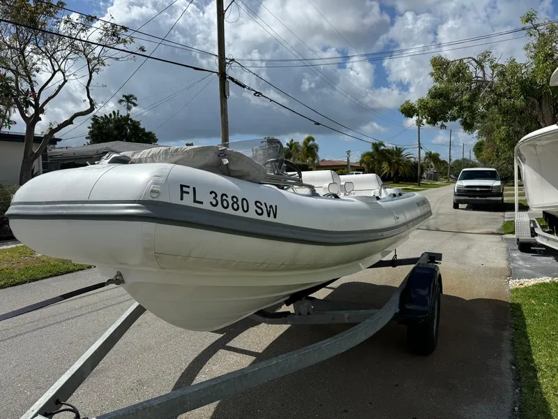Slide: The Image of 2019 Williams Jet Tenders 445 on trailer, parked on residential street. - 4