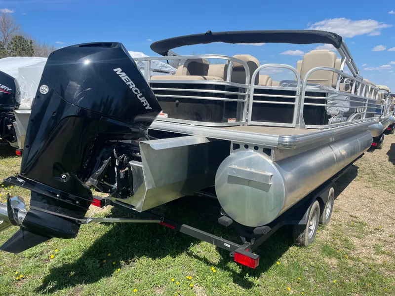Slide: The Image of 2022 Sun Tracker SportFish 22 XP3 pontoon boat with Mercury outboard motor. - 3