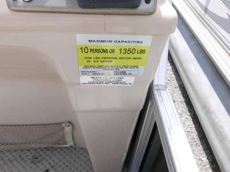 Slide: The Image of 2012 Sylvan Mirage 820 boat capacity label, 10 persons or 1350 lbs. - 11