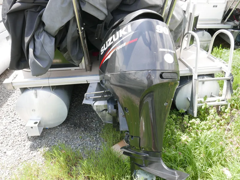 Slide: The Image of 2012 Sylvan Mirage 820 pontoon boat with Suzuki 90 outboard motor. - 2