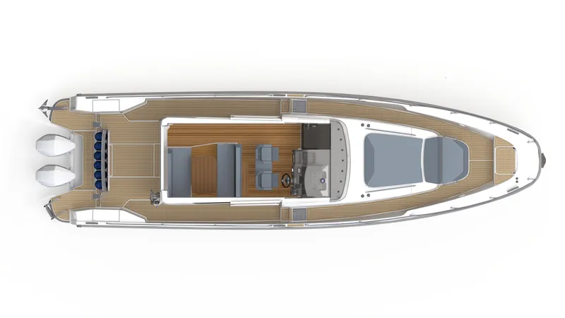 Slide: The Image of Top view of 2024 Nimbus C11 boat with spacious deck and modern design. - 18