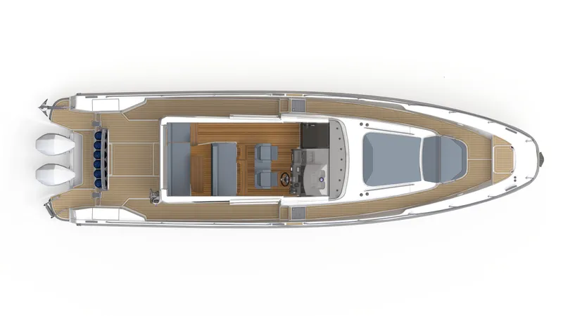 Slide: The Image of Top view of 2024 Nimbus C11 boat with spacious deck and modern design. - 19