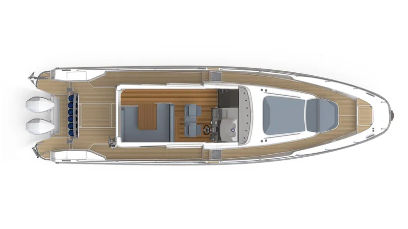 Slide: The Image of Top view of 2024 Nimbus C11 boat layout with triple engines and spacious deck. - 20