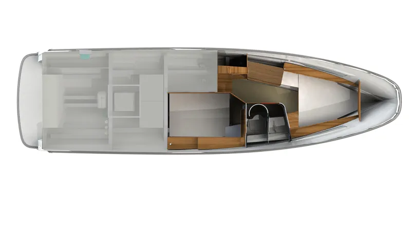 Slide: The Image of Top view of 2024 Nimbus C11 boat interior layout, showcasing cabin and seating areas. - 21