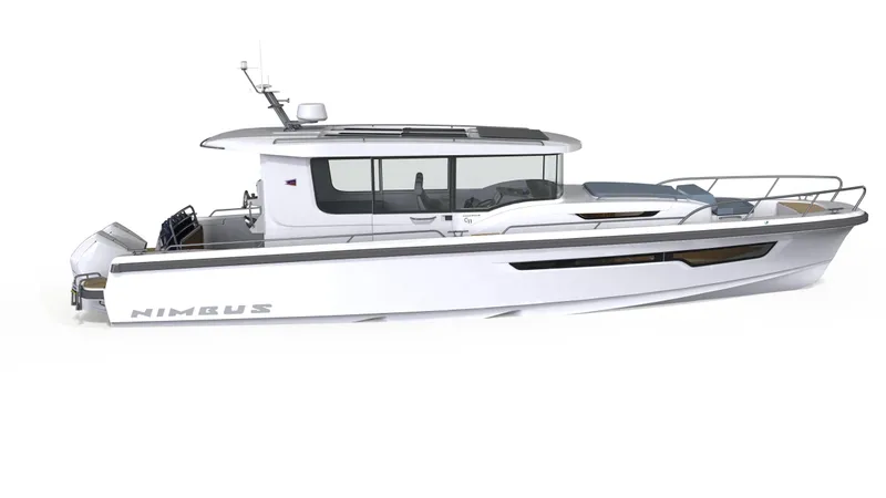 Slide: The Image of 2024 Nimbus C11 boat, sleek design, white exterior, modern cabin, side view. - 16