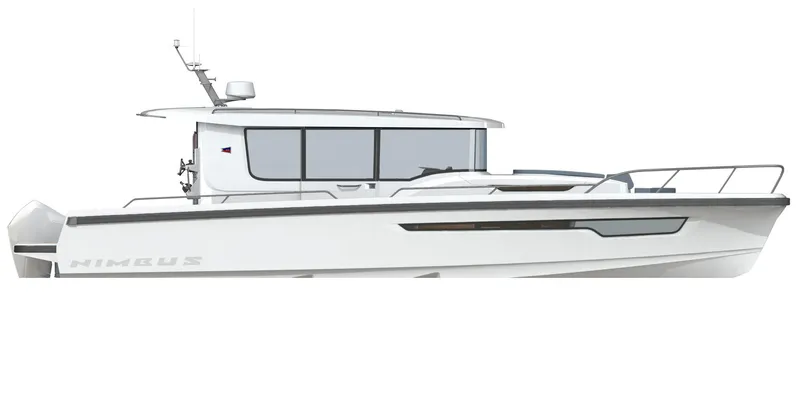 Slide: The Image of 2024 Nimbus C11 boat, sleek design, side view, white hull, modern cabin. - 17