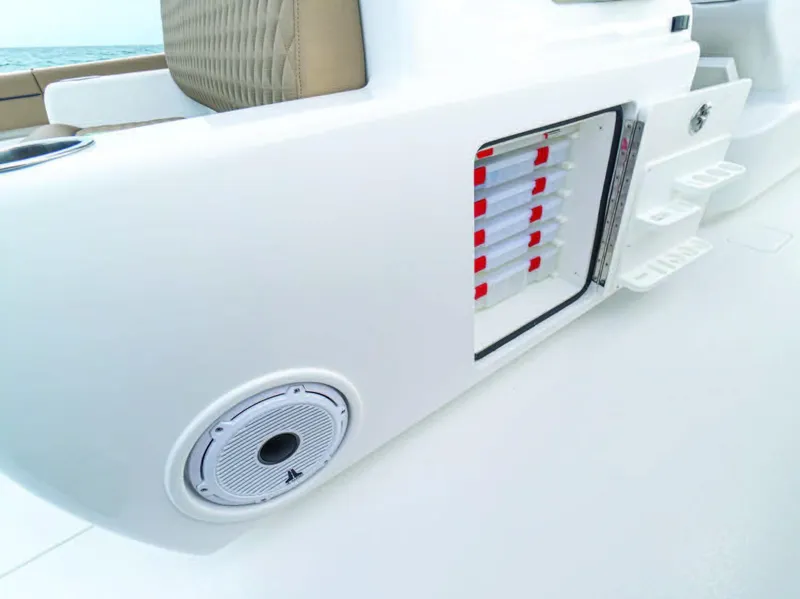 Slide: The Image of Valhalla Boatworks V-41 2025 model with built-in speaker and storage compartment. - 11